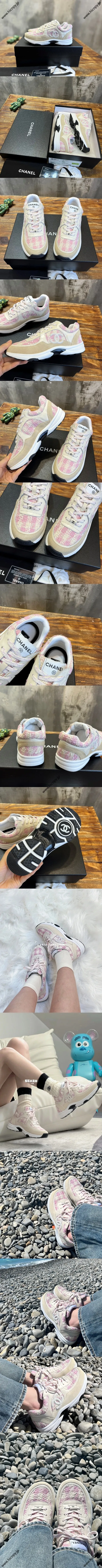 CHANEL シャネル 23S 春夏 新作 ピンク ダイヤモンド柄 ウール カラーブロック カジュアル スニーカー（G38299 Y56627 K6020）