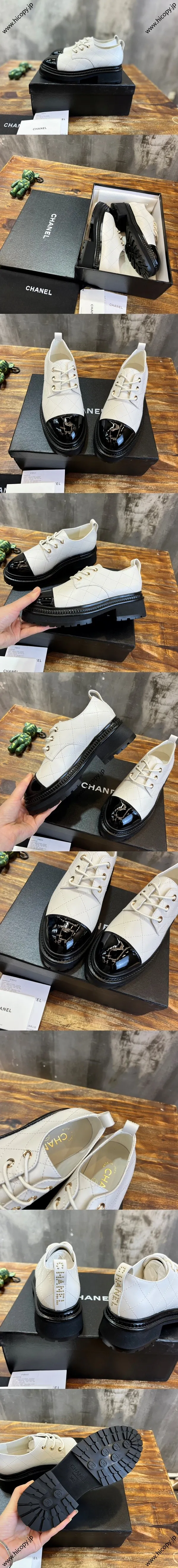 CHANEL シャネル 25SS 新作 ホワイト カーフスキン レースアップ プラットフォーム ローファー (G45075 B13291 NP667)