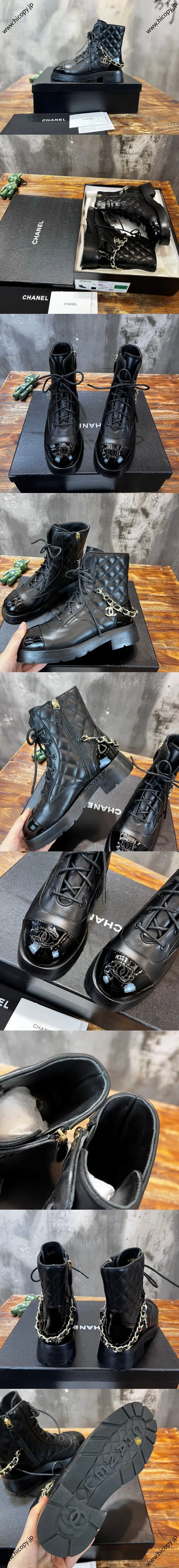 CHANEL シャネル 22a シャイニーブラック カーフスキン チェーン＆キルティング アンクルブーツ／モーターサイクルブーツ (G39393-Y56119-94305)