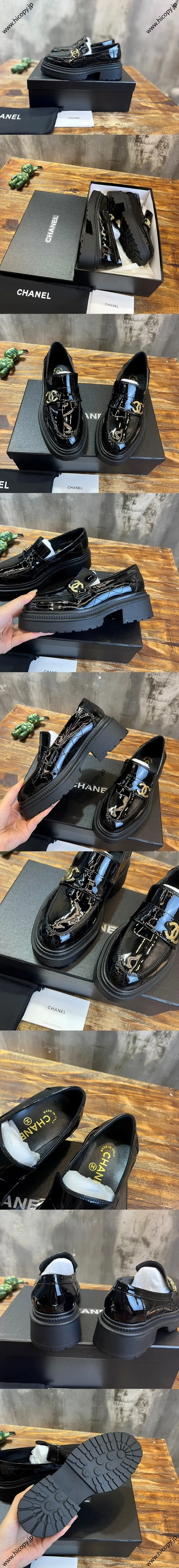 CHANEL シャネル 25SS ブラック シャイニーカーフスキン プラットフォームローファー (G45074)