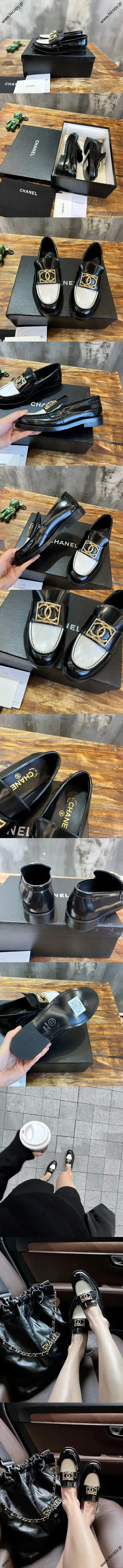 CHANEL シャネル 23b ブラック＆ホワイト カーフスキン（シャイニーパテント）ダブルCバックル ローファー（Chanel 31）