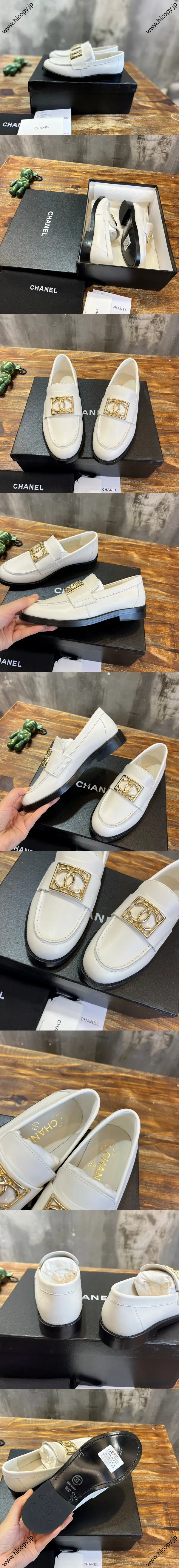 CHANEL シャネル 23b ブラック＆ホワイト カーフスキン ダブルCバックル ローファー（Chanel 29）