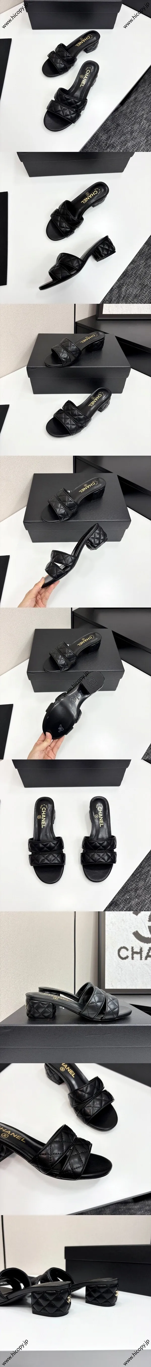 シャネル 25SS 新作 ブラック ラムスキン キルティング ローヒール スライド (G46480-X01000-94305)