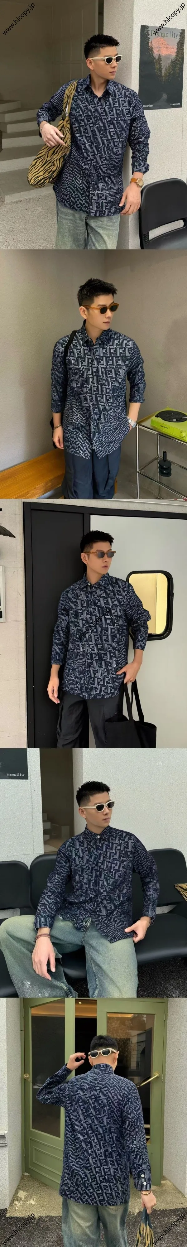 フェンディ ネイビーブルー FFジャカード デニムジャケット＆パンツセット (Fendi00031)