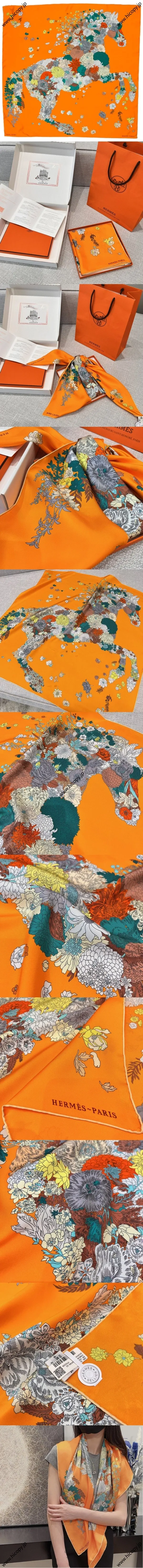 エルメス「ローブ?レジェール」オレンジ シルクスカーフ 90*90（Hermès000142） 
