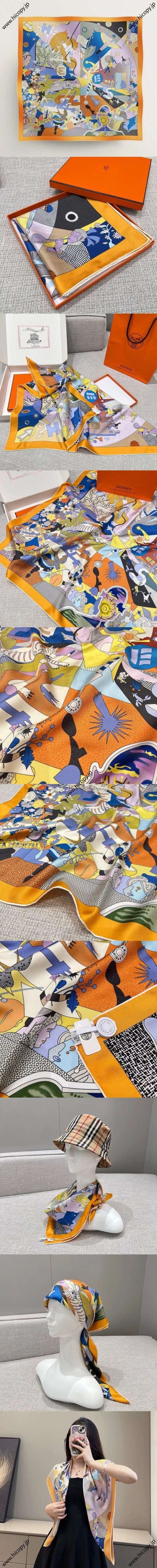 エルメス「サデコワフ！」オレンジ シルクスカーフ 90*90（Hermès000088）
