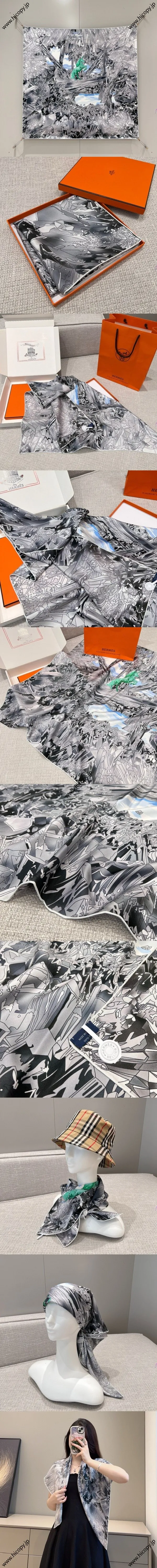 エルメス「ラヴァレドゥクリスタル」グレー シルクスカーフ 90*90（Hermès000082）