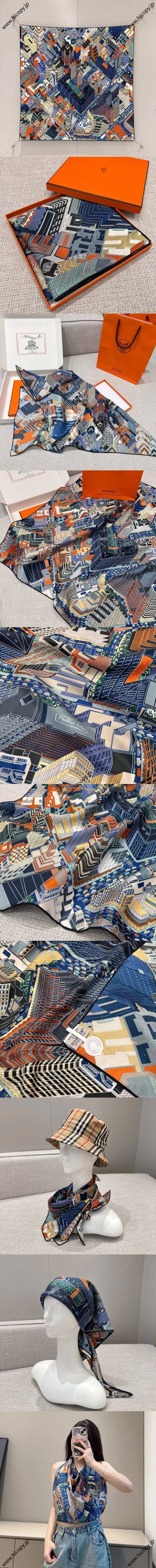 エルメス「パンタンシティ」ブラックブルー シルクスカーフ 90*90（Hermès000081） 