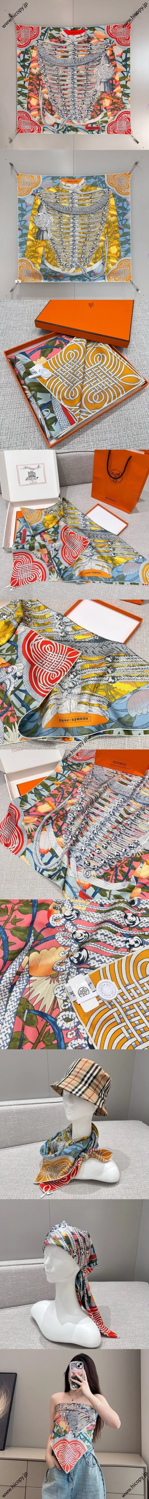 エルメス「ブランデブールフルリ」レッド/イエロー 両面シルクスカーフ 90*90（Hermès000068） 