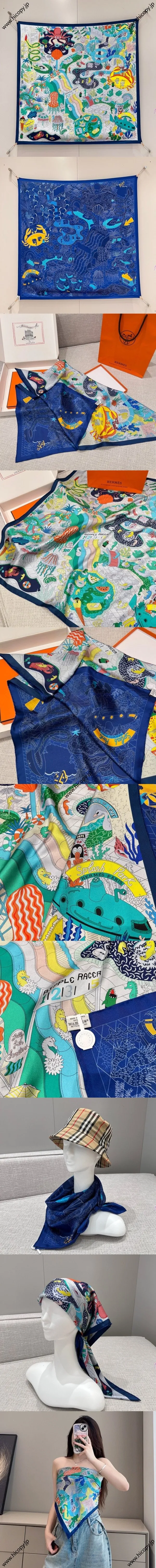 エルメス「スプラッシュパーク」ディープブルー 両面シルクスカーフ 90*90（Hermès000067） 