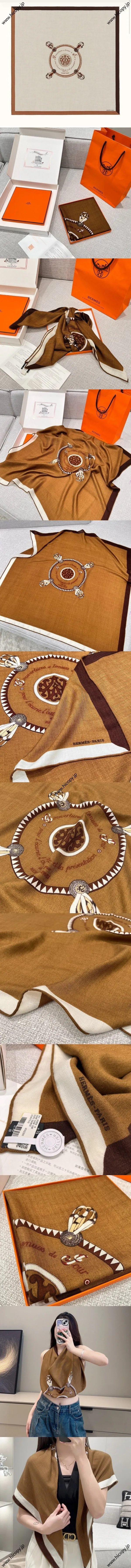 エルメス「アンカドレ ブラゾン」キャラメル カシミヤ スクエア スカーフ 90*90（Hermès000061）