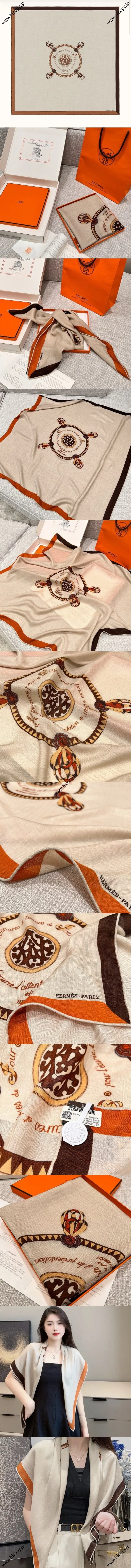 エルメス「アンカドレ ブラゾン」アプリコット カシミヤ スクエア スカーフ 90*90（Hermès000060）