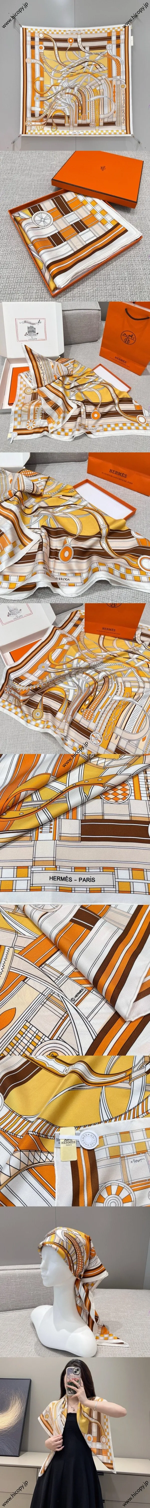 エルメス「ヴォルトエピルエット」イエロー シルクスカーフ 90*90（Hermès000058）