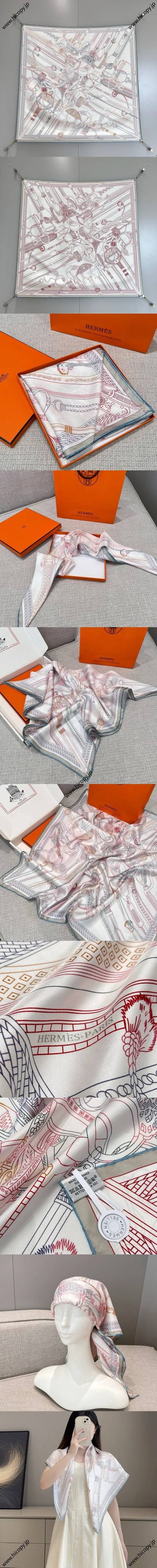 エルメス「コンクールデトリエリミックス」ホワイト 両面シルクスカーフ 90*90（Hermès000042）