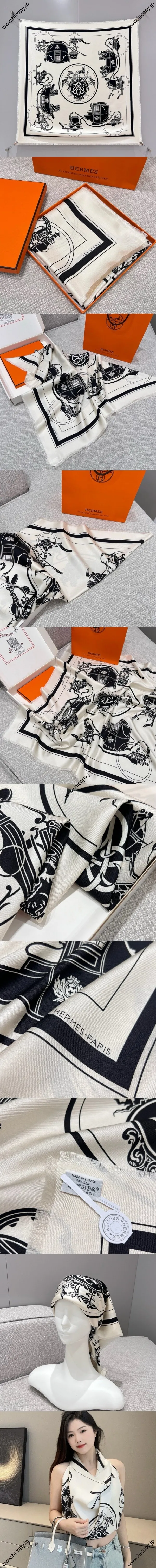 エルメス「エクスリブリス」クリームホワイト シルク スクエアスカーフ 90*90（Hermès000036）