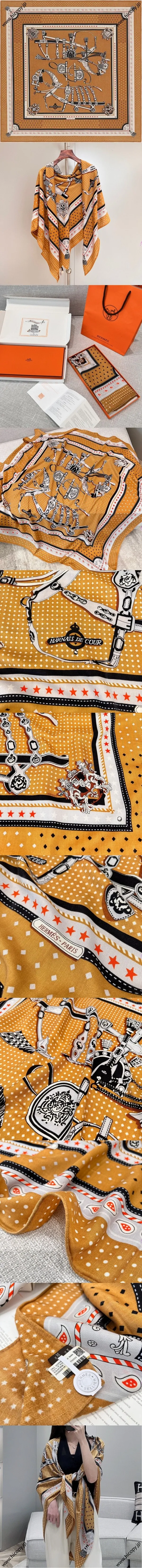 エルメス「ハルネドゥクール バンダナ」ブロンズ カシミアショール 140*140（Hermès000140）