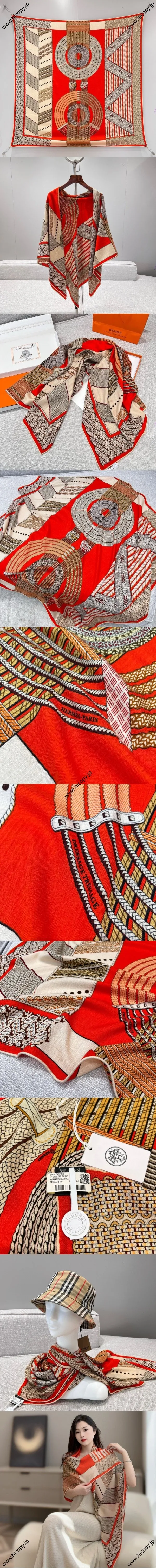 エルメス「ドレサージュトレサージュ」オレンジ  カシミアショール 136*137（Hermès000046）