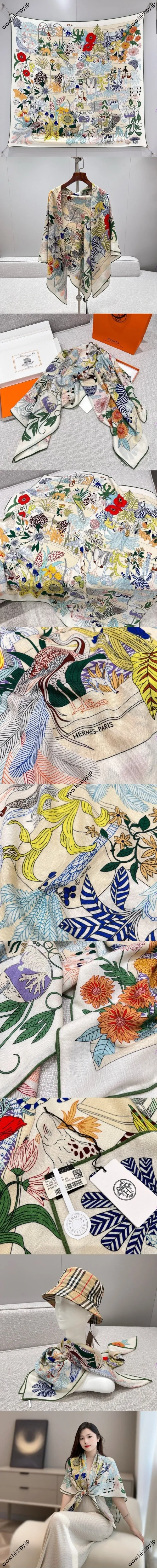 エルメス「プレシャスパラダイス」ホワイトカシミヤショール 136*137（Hermès000043）