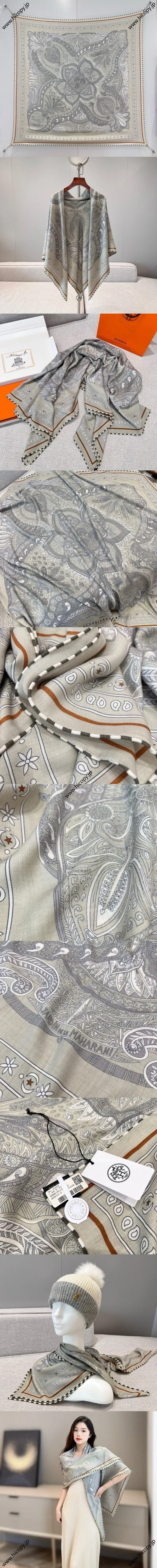 エルメス「マハラニ庭園140」グレイッシュグリーン カシミアショール 136*137（Hermès000017）