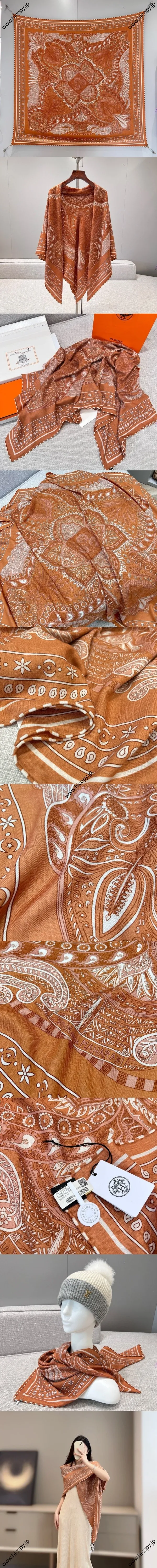 エルメス「マハラニ庭園140」オレンジ カシミアショール 136*137（Hermès000016）