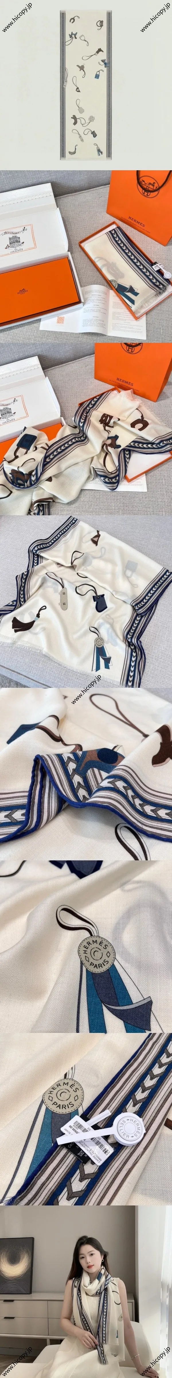 エルメス「エグリグリ レクタンギュラー」オフホワイト カシミア ロングスカーフ 63*180（Hermès000015） 