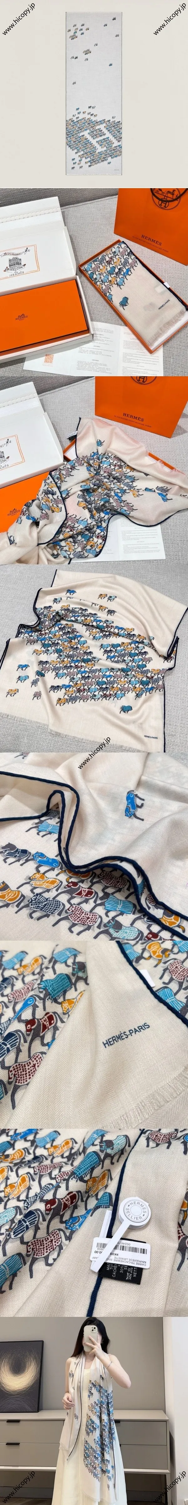 エルメス「ザパレード」オフホワイト カシミア ロング マフラー 63*180（Hermès0000012） 