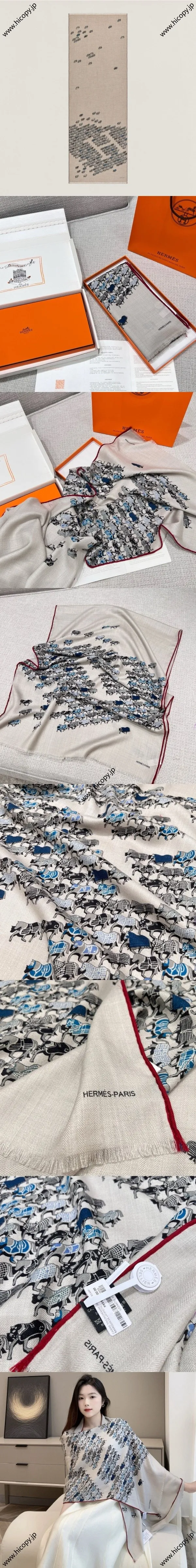 エルメス「ザパレード」グレー カシミア ロング マフラー63*180（Hermès000011）