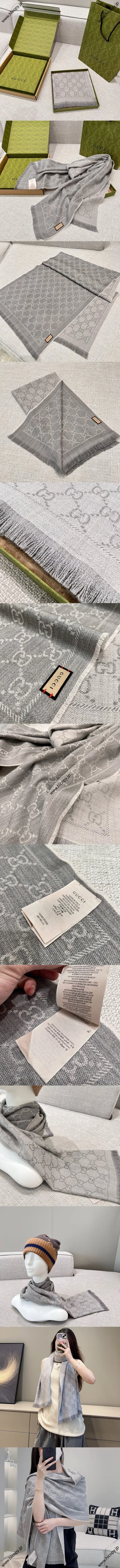 グッチ シルバーグレー クラシックGGパターン ウールマフラー 48*180（Gucci000077）
