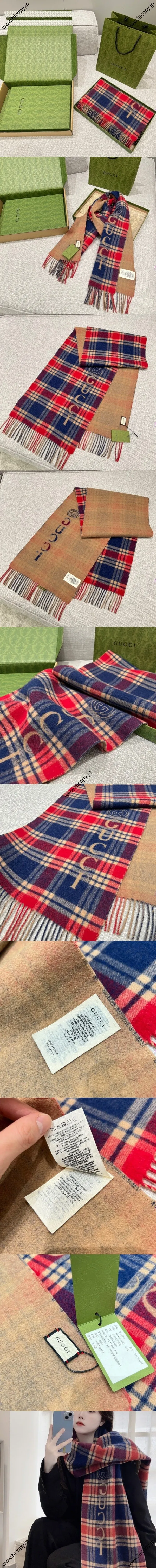 グッチ キャメル/チェック 両面ウールタッセルスカーフ 35*200（Gucci000068）