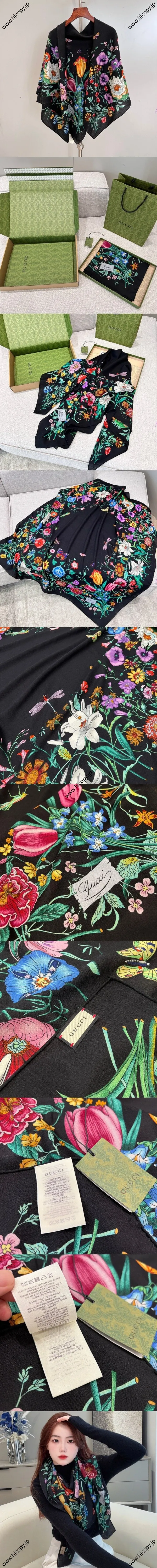 グッチ ブラック フローラルプリント ウールブレンドショール 140*140（Gucci000064） 