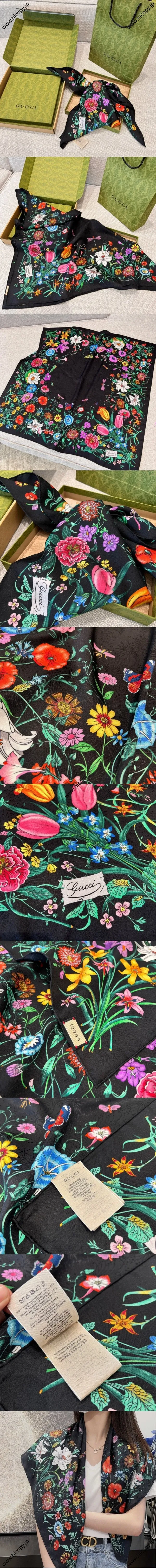 グッチ ブラック フローラルプリント シルクツイル スクエアスカーフ 90*90（Gucci000038）