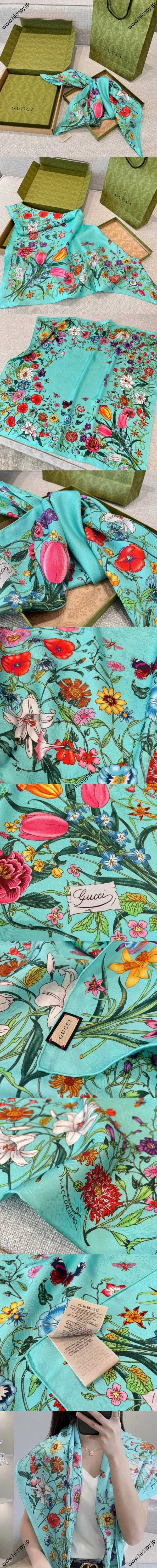 グッチ ティール フローラルプリント シルクツイル スクエアスカーフ 90*90（Gucci000037）