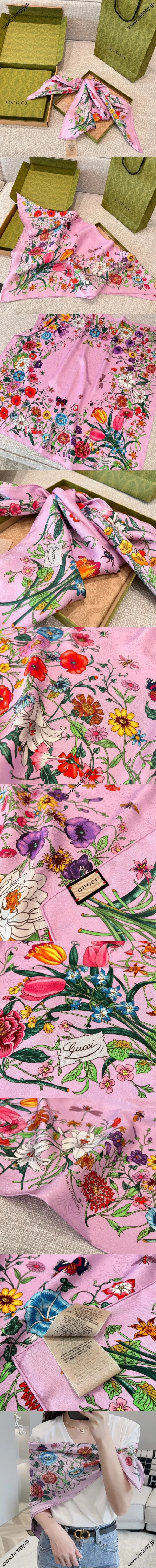 グッチ ピンク フローラルプリント シルクツイル スクエアスカーフ 90*90（Gucci000036）