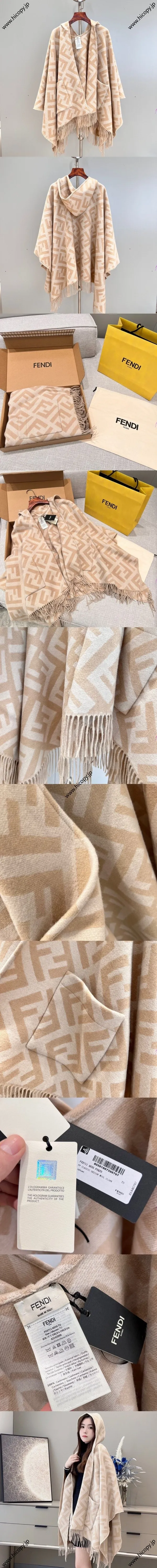 フェンディ シャンパン FFジャカード カシミア フード付きケープ 140x140（Fendi000050） 
