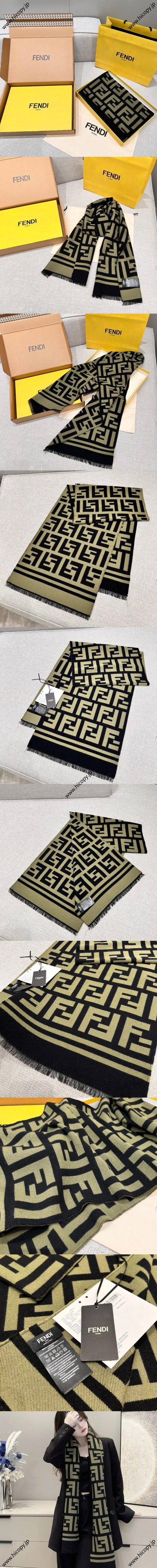 フェンディ ブラック FFジャカード 両面ウールマフラー 35x180cm（Fendi000044）