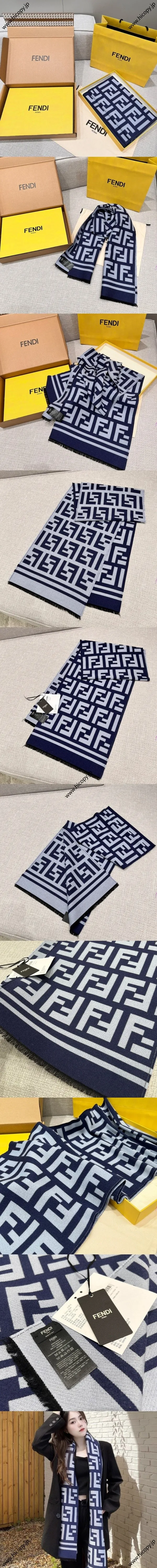フェンディ ネイビーブルー FFジャカード 両面ウールマフラー 35x180cm（Fendi000043）