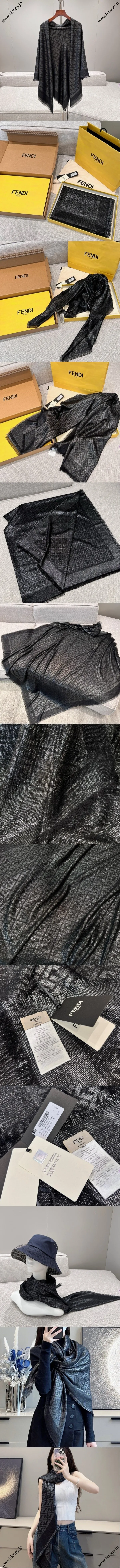 フェンディ ブラック FFロゴ ゴールド＆シルバーヤーン ジャカード ウールブレンドショール 140×140（Fendi000034） 