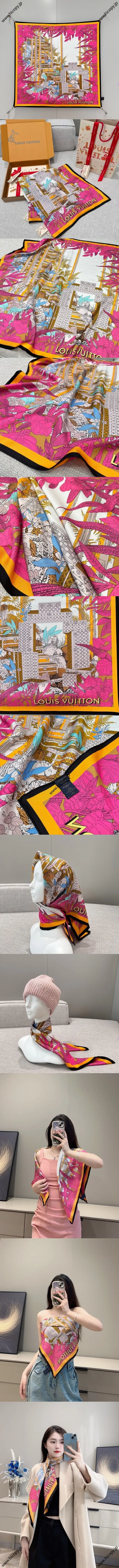ルイヴィトン「エンチャンテッドフォレスト」ローズピンク シルク スクエアスカーフ 90×90cm（M78409）