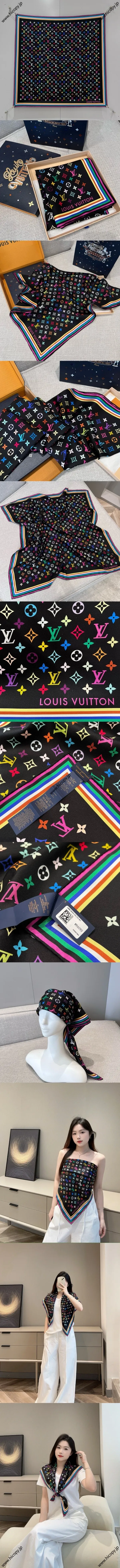 ルイヴィトン「LV x TM モノグラムマルチカラー スクエア90」ブラック シルクスカーフ 90×90cm（M96095）