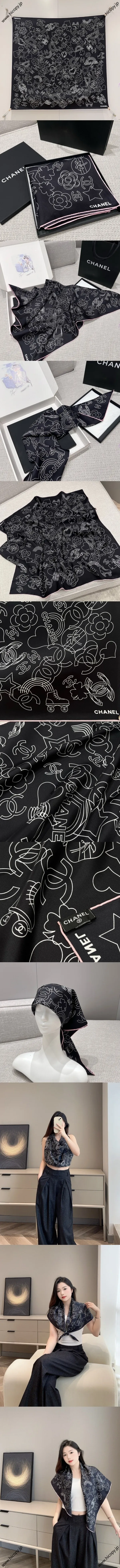 シャネル「ウィッシュ アクセサリー」ブラック シルクスカーフ 90x90cm（Chanel000001）