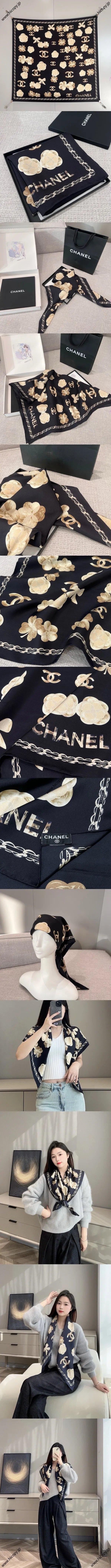 シャネル「カメリア ブローチ」ブラック シルクスカーフ 90x90cm（Chanel000005）