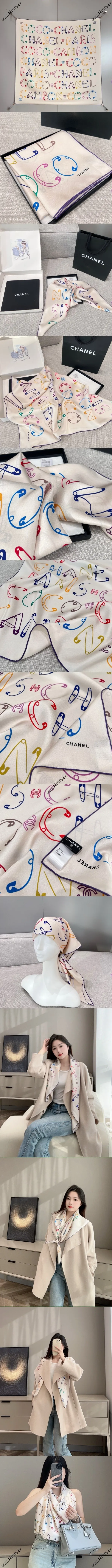 シャネル「ペーパークリップ」クリーム シルクスカーフ 90x90cm（Chanel000010）