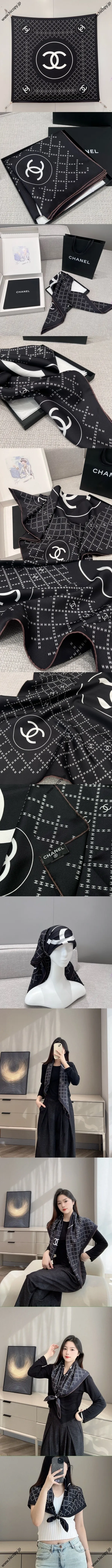 シャネル「ダイヤモンド バッジ」ブラック シルクスカーフ 90x90cm（Chanel000011）