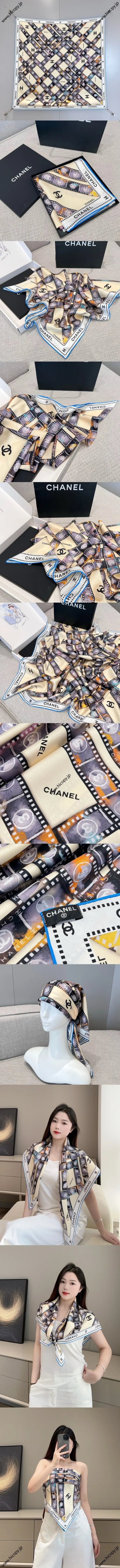 シャネル「タイムカプセル」ベージュ シルクスカーフ 90x90cm（Chanel000023）