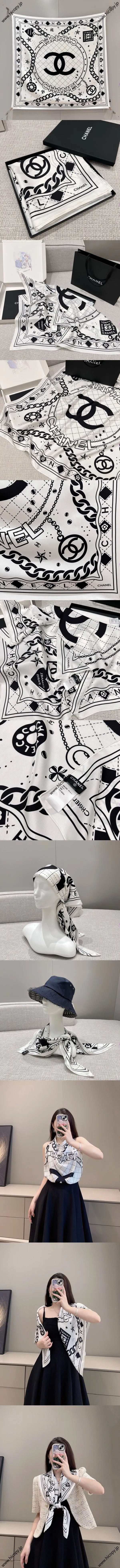 シャネル「CCチェーン」ホワイトシルクスカーフ 90x90cm（Chanel000032） 