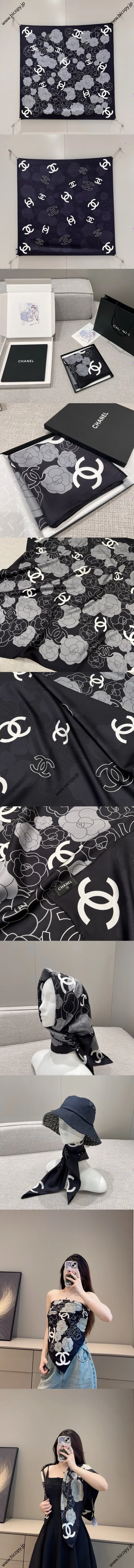 シャネル「カメリア」ブラック リバーシブル シルクスカーフ 90x90cm（Chanel000035）