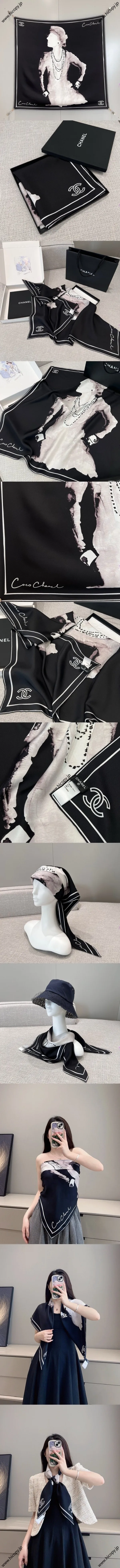 シャネル「ココマドモアゼル」ブラック シルクスカーフ  90x90cm（Chanel000037）