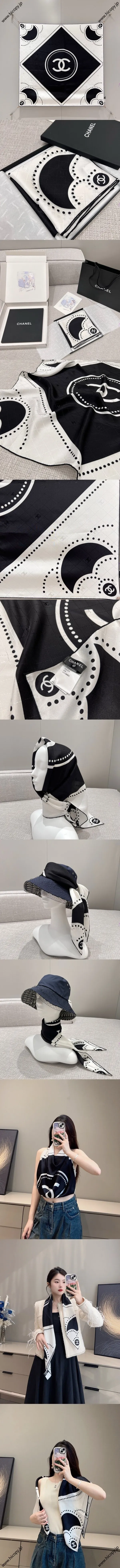 シャネル「スクエア ジャカード」ブラック＆ホワイト シルクスカーフ 90x90cm（Chanel000057） 