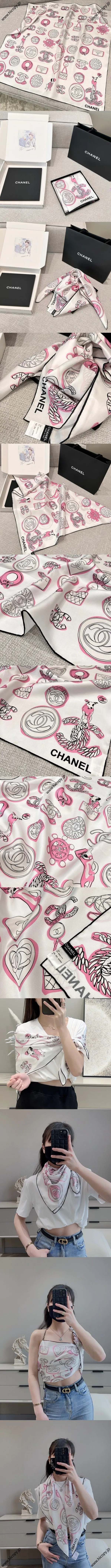 シャネル「ル プティ シャネル」ホワイト/ピンク シルク スクエアスカーフ 90x90cm（Chanel000062） 