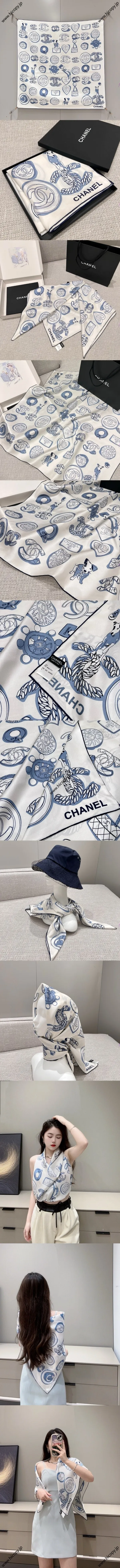 シャネル「ル プティ シャネル」ホワイト/ブルー シルク スクエアスカーフ 90x90cm（Chanel000064）